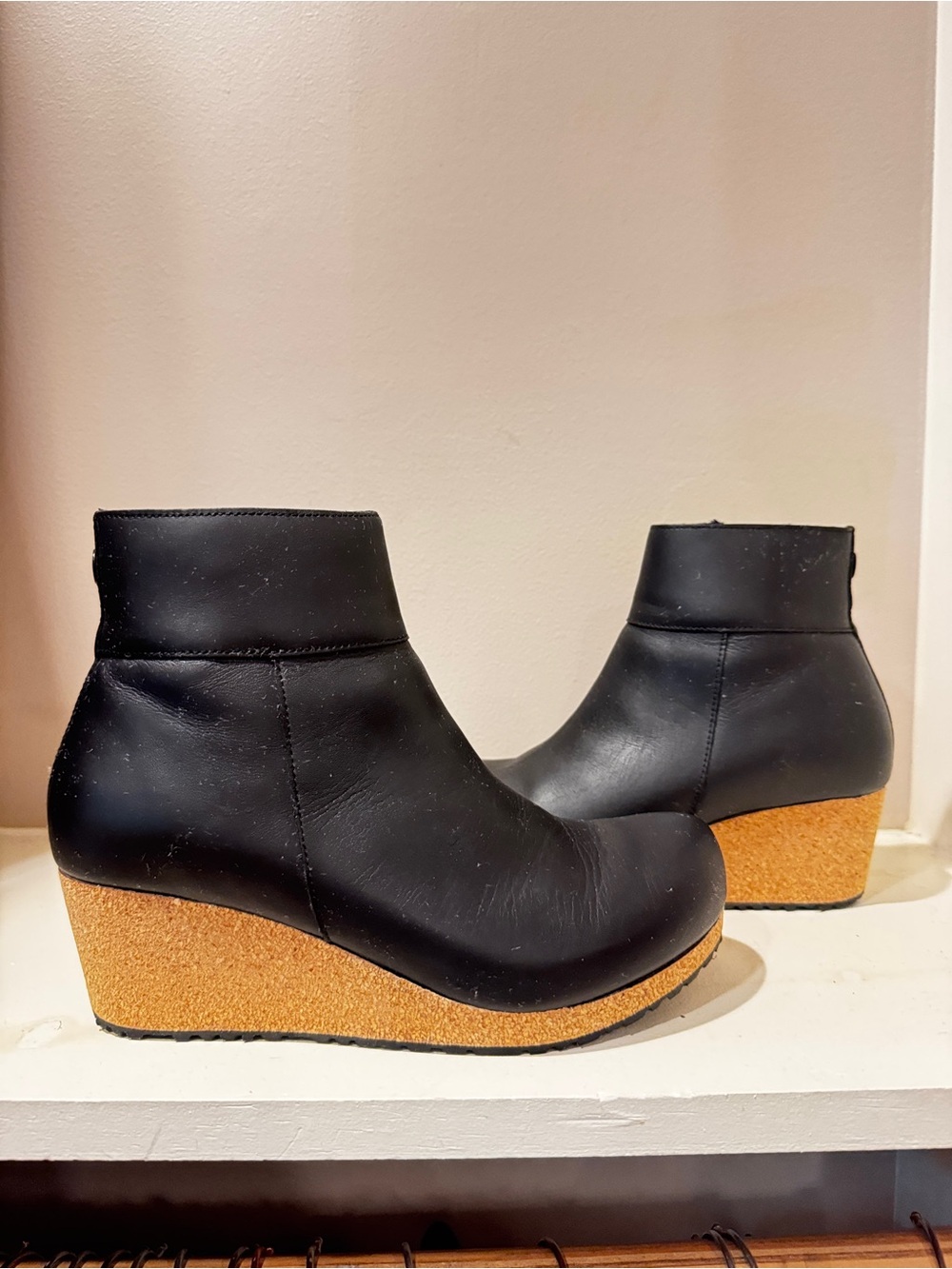 Papillio by Birkenstock Black Leather Wedge Ankle Boots - Cork Platform